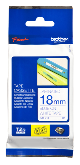 Fita laminada, Texto azul sobre fundo branco, Largura: 18 mm, Comprimento: 8m  