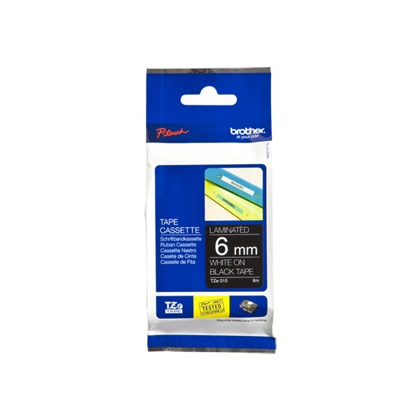 Fita laminada - Texto branco sobre fundo preto, Largura: 6mm, Comprimento: 8m, para P-Touch 