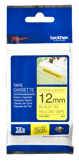 Fita laminada super adesiva - Texto preto sobre fundo amarelo, Largura: 12mm, Comprimento: 8m 