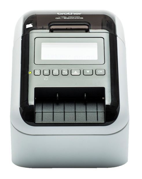 QL-820NWBC - Impressora de etiquetas profissional ideal para o escritório com conexão de rede cablada, WiFi, Bluetooth MFi e visor LCD, 110 etiquetas/min., Largura de fita até 62mm 