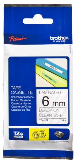Fita Laminada 6mm - Transparente/Preta, para P-Touch 