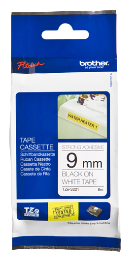 Fita Laminada de 9mm, comprimento 8m - Branco/Preto (super-adesiva) para P-Touch 